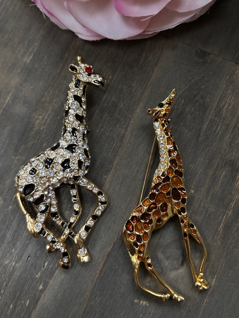 2 Vintage Giraffe Brooches, Rhinestone Gorgeous